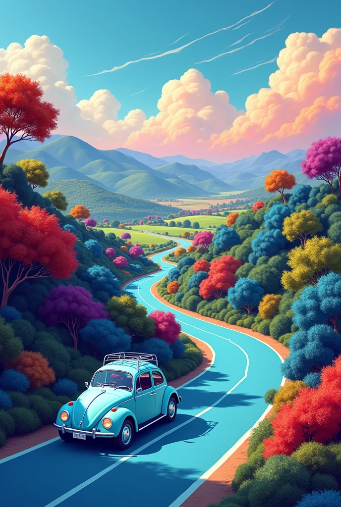 (illustration) 2D, The illustration is captured from a high vantage point, showcasing a beautiful vertical landscape with vibrant and intense colors. The road that winds up the forest and then gracefully disappears into the horizon, cutting through wide open fields. The sky above is a captivating mix of blue, orange, red, pink, and white, with wispy clouds that gently float across the scenery. On the road's surface, there's barely any sign of movement, adding to the serene and natural beauty of the landscape. The light blue classic VW Beetle stands in front view out against the quietness of the surroundings, creating a focal point in the scene. Its contours and details are clearly drawn, emphasizing its modern and comfortable design. The background is a mix of green, red, orange and purple hills, with blue and psychedelic tones, creating a fantasy atmosphere. The road's surface has a light blue texture, adding to the overall aesthetic quality of the image.