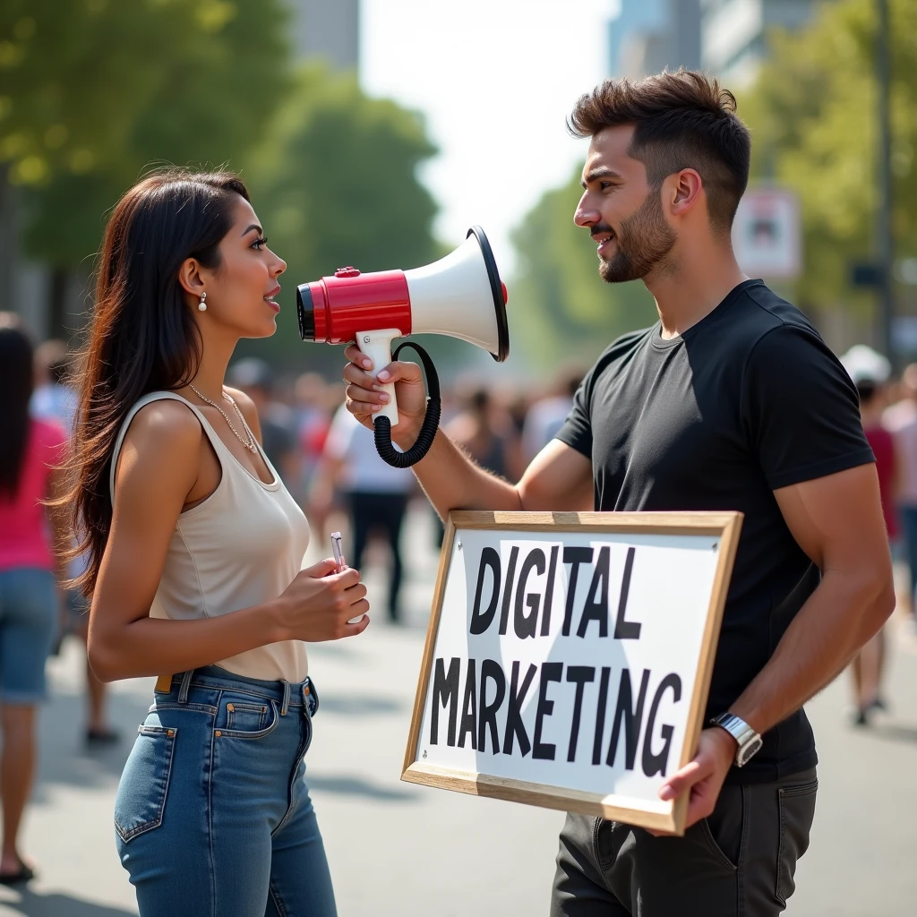 There are two people on a street: An attractive brunette woman, with a megaphone, speaking through the megaphone, very sexy, hair with look, He wears casual shorts and a T-shirt, Beautiful Latina next to her there is an attractive man with glasses holding a sign with his hand that says digital marketing, natural light.