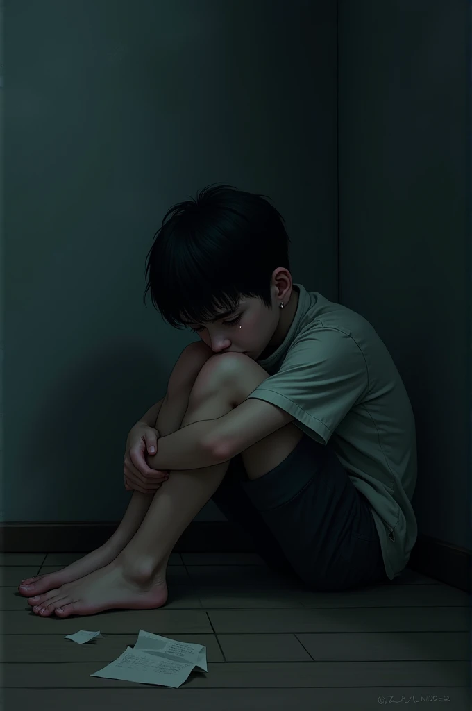 Sad pose boy a room corner picture