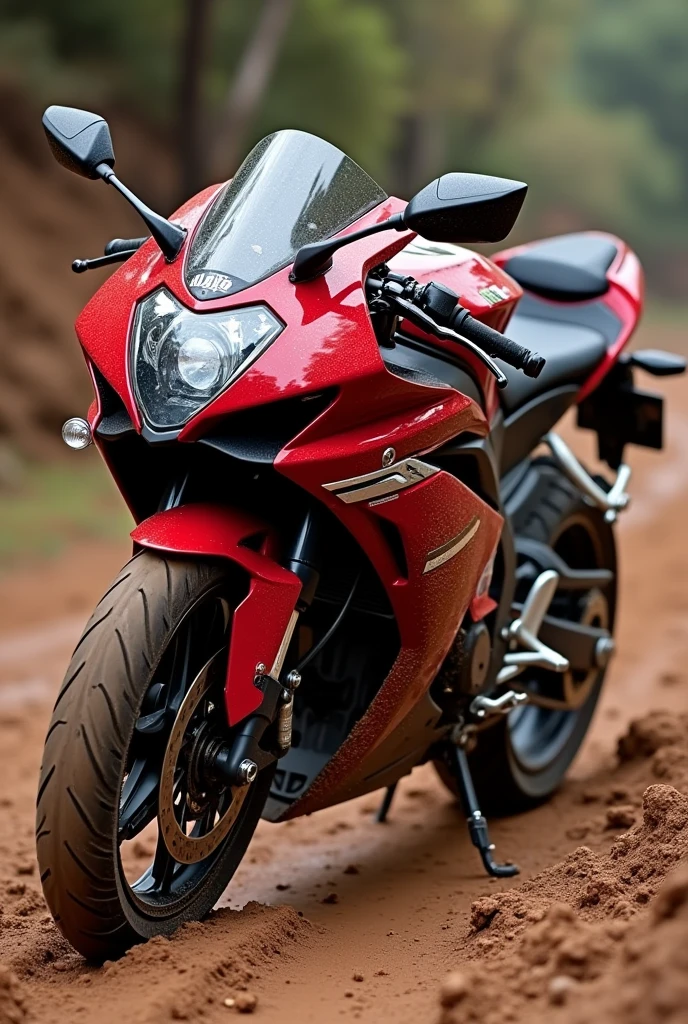 Indian Yamaha R15 version 4 red colour standing in mud in long shot