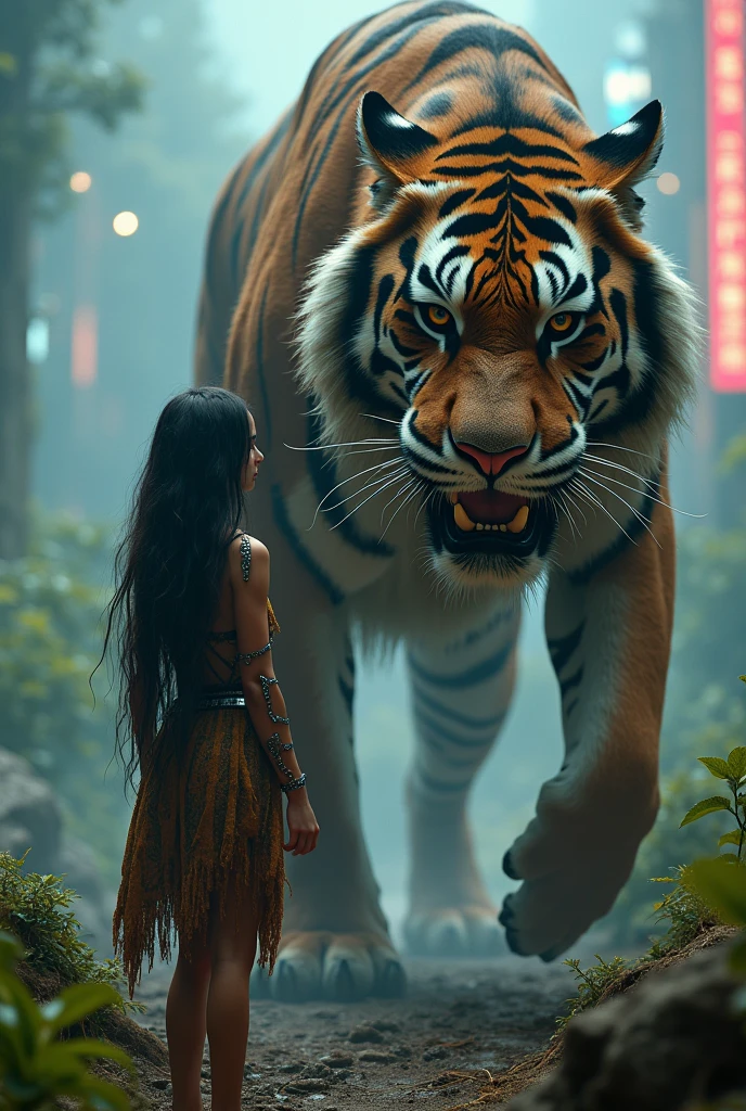A giant wild saber-tooth tiger protects a beautiful primitive cyberpunk girl
(Master Pieces: 1.5) (photorrealistic: 1.1) (bokeh) (best qualityer) (The skin、pores、detailed hair texture: 1.1) (Complex) (8k) (HDR) (Wallpapers) (cinematic lighting) (sharp focus ) cyberpunk style