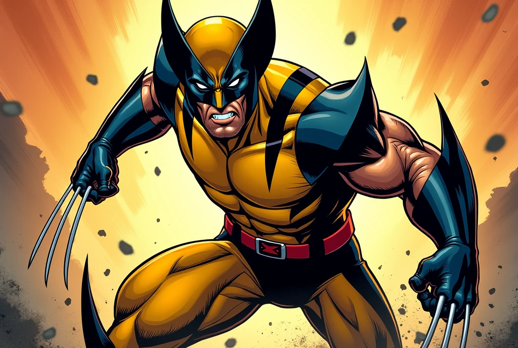 Create a profile photo for Discord. X-Men Wolverine in yellow suit with mask. Epic Fighting Pose. Look past the camera. Wolverine Blades Extended. Moving scene. Holds hands in front of face. High Resolution. Comicstil.