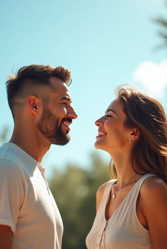two beautiful people, man and woman, with a happy face looking at the sky grateful because their breath is fresh again after a halitosis treatment