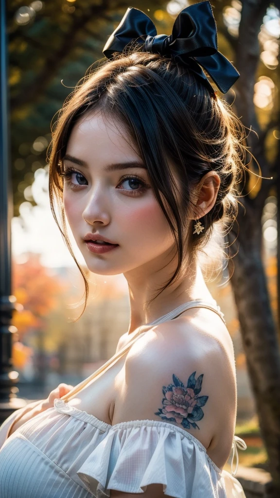 (8k, Highest quality, masterpiece:1.2),(Highest quality:1.2), (Ultra-high resolution:1.0), watercolor, Beautiful woman, shoulder, Hair Ribbon, Agnes Cecil, Half Body Portrait, Very bright and luminous design, pastel colour, (ink:1.3), Autumn Light,Large Breasts:1.8