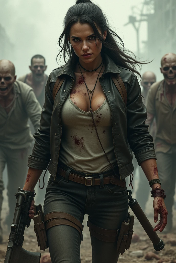 Image of a woman  visible. holding an ax in the right hand, holding a firearm in the left hand. body covered in blood. Zombie background.