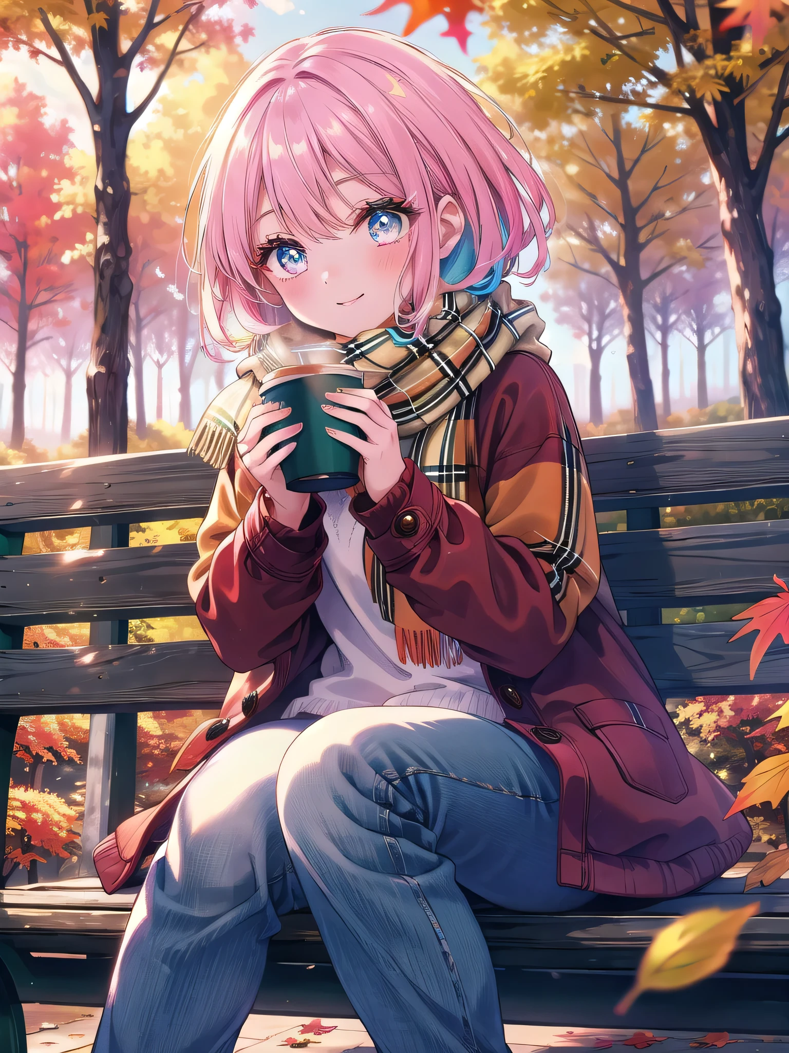 ((8k, Highest quality, masterpiece: 1.3)),Ultra-high resolution,(1 girl, alone), (Color changing eyes, Ultra-detailed, Expressive brilliance, Glitter, Glowing Eyes), Highly detailed eyes, Highly detailed face, Random Hair, ((pastel colour))A lovely woman sitting on a park bench during a crisp autumn afternoon, surrounded by fallen leaves. She’s dressed in a warm coat, a scarf, and jeans, with ankle boots completing her cozy outfit. The trees around her are ablaze with vibrant autumn colors, creating a picturesque backdrop. She’s holding a hot cup of coffee, her hands wrapped around it for warmth. Her expression is content as she takes in the beauty of the season. When she notices the camera, she gives a soft, affectionate smile, her eyes reflecting the warmth of the moment as if she’s happy to share this autumn day with her boyfriend.