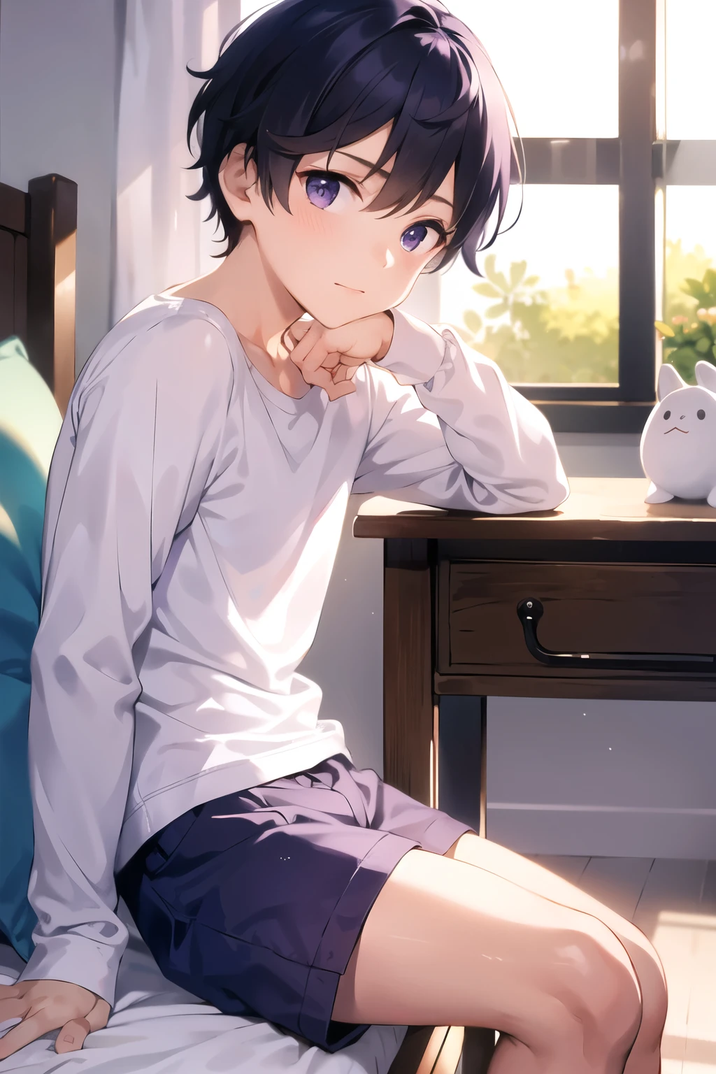a boy sitting in a bedroom, wearing a white long sleeve shirt and purple underwear, viewed from the side,