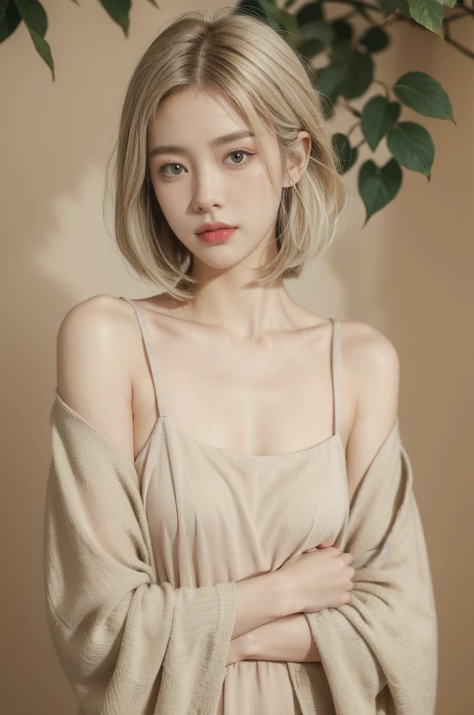 1 girl, solo, cute, looking at viewer, beautiful body, blush, (medium silver blonde straight bob hair), (small breast), (green eyes), very life-like eyes, stylish casual outfit, beautiful environment, highly detailed, masterpiece, best quality, highest quality, high resolution, (masterpiece:1.2), realistic lighting, incredible lighting