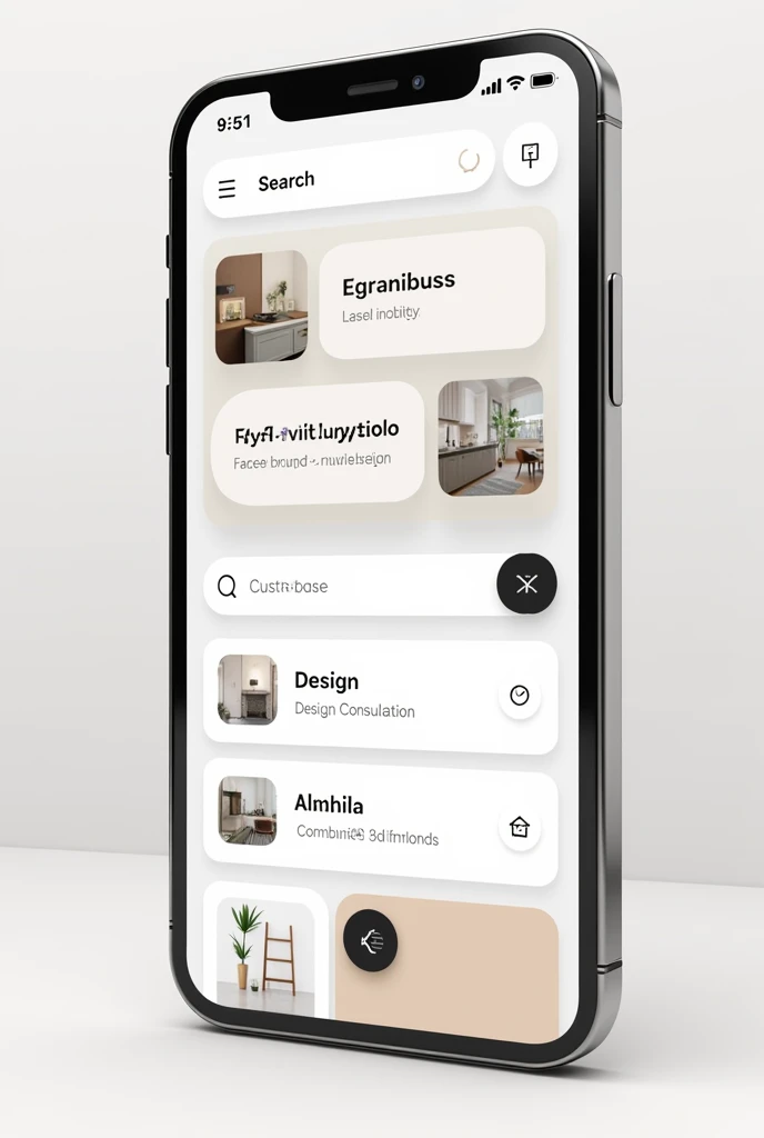 I want to make a homescreen of my app.
A iPhone screen showing search bar of my app.
Then showing features like your location, find land
Design consultation, custom design,3d modeling .
Show it in white,black and grey in colour and make it aesthetic . Fill little colour like grey and cream and white
