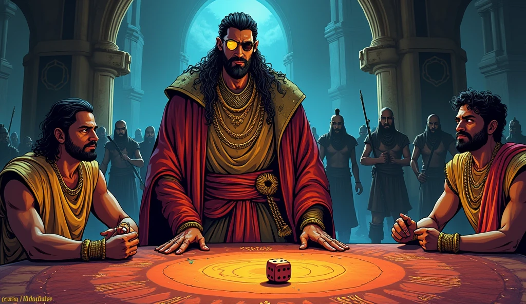 Here’s an image prompt for this part of the narrative:

"A comic-style illustration of the pivotal moment during the game of dice in the Mahabharata. Shakuni, wearing an eye patch and exuding an aura of calculated malice, stands in the foreground, overseeing the game with a look of satisfaction. The dice, now resting on the table, symbolize his ultimate victory in orchestrating the downfall of the Kuru dynasty. Behind him, shadowy figures of warriors from the Kurukshetra War begin to emerge, foreshadowing the inevitable conflict. Yudhishthira sits in the background, visibly defeated, while the Kauravas remain oblivious to the catastrophic consequences of their actions. The scene is set in a grand, yet ominous hall, with dark shadows and a somber atmosphere, highlighting the gravity of Shakuni’s revenge and the unfolding tragedy. The vibrant, dramatic comic style enhances the tension and sense of impending doom."