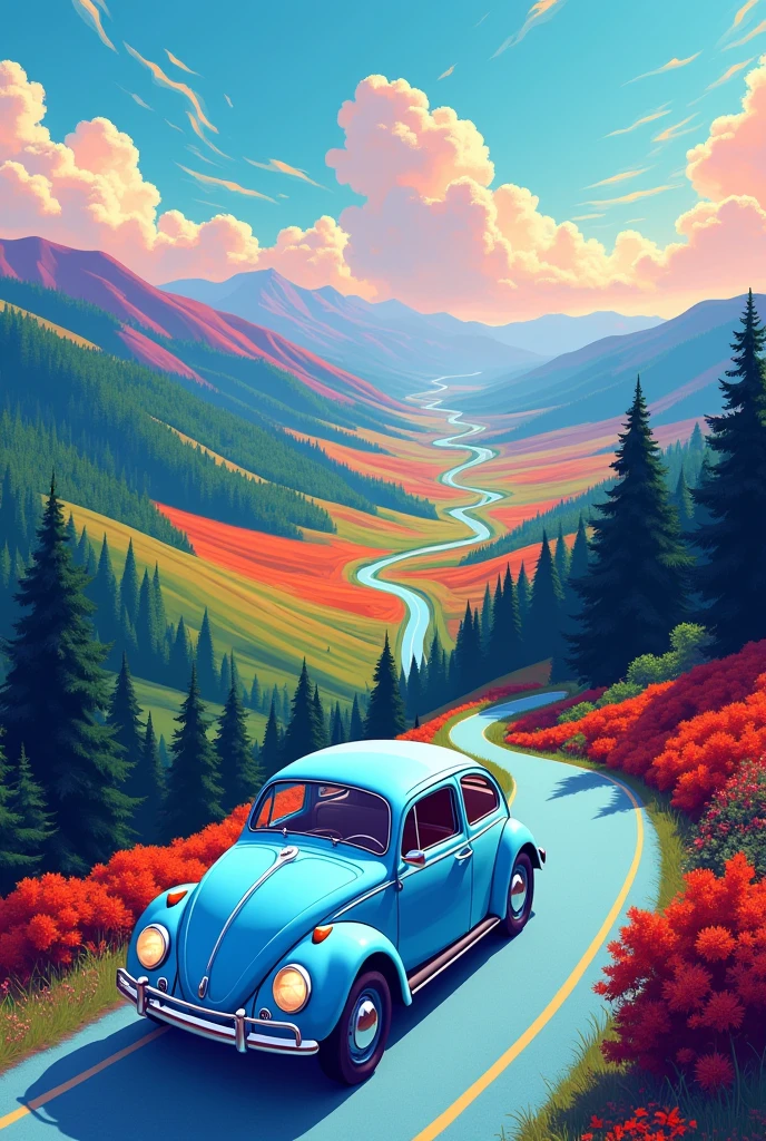 (illustration) 2D, The illustration is captured from a high vantage point, showcasing a beautiful vertical landscape with vibrant and intense colors. The road that winds up the forest and then gracefully disappears into the horizon, cutting through wide open fields. The sky above is a captivating mix of blue, orange, red, pink, and white, with wispy clouds that gently float across the scenery. On the road's surface, there's barely any sign of movement, adding to the serene and natural beauty of the landscape. The light blue classic VW Beetle stands in front view out against the quietness of the surroundings, creating a focal point in the scene. Its contours and details are clearly drawn, emphasizing its modern and comfortable design. The background is a mix of green, red, orange and purple hills, with blue and psychedelic tones, creating a fantasy atmosphere. The road's surface has a light blue texture, adding to the overall aesthetic quality of the image.