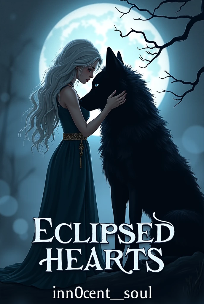 Create a novel cover with the novel Heading in big letters "Eclipsed Hearts", writer name in small letters at the end of the page "Inn0cent_S0ul"
Image should include silhouette or back of Selenia with a big black wolf with blue eyes as companion, thier head touching and Selenia's hand cupping the big head of the wolf. Selenia's long silver hair cascading down her traditional priestess dress showing her moonlit beauty.