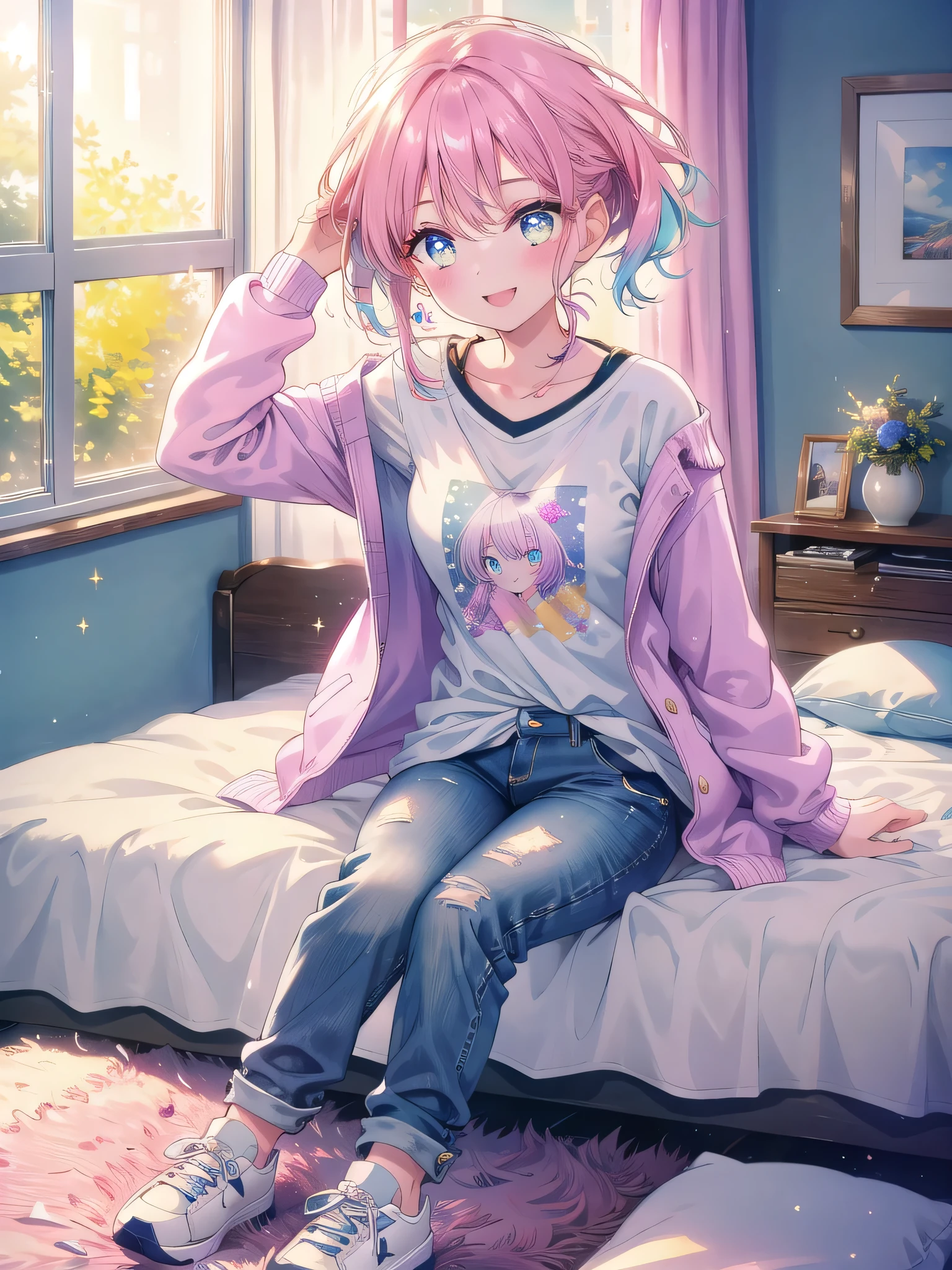 ((8k, Highest quality, masterpiece: 1.3)),Ultra-high resolution,(1 girl, alone), (Color changing eyes, Ultra-detailed, Expressive brilliance, Glitter, Glowing Eyes), Highly detailed eyes, Highly detailed face, Random Hair, ((pastel colour))A stylish woman sitting on the edge of her bed, tying her shoelaces as she gets ready to go out. She’s dressed in a casual t-shirt and jeans, with a light jacket draped over the chair nearby. The bedroom is bathed in soft afternoon light, creating a warm and inviting atmosphere. Her expression is focused as she finishes tying her sneakers, but she pauses to look up at the camera with a bright, affectionate smile, her eyes full of excitement, as if she’s eagerly anticipating a fun day out with her boyfriend.