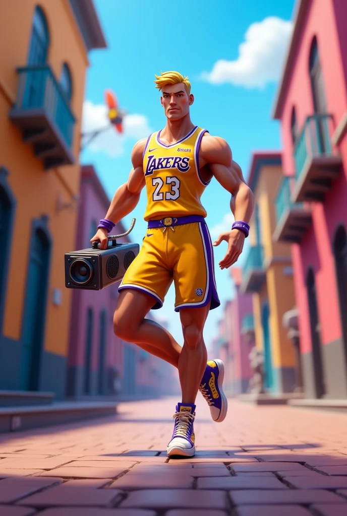 Spawns fortnite blonde agent jonesy in laker clothing with a speaker in cartagena dancing ballet