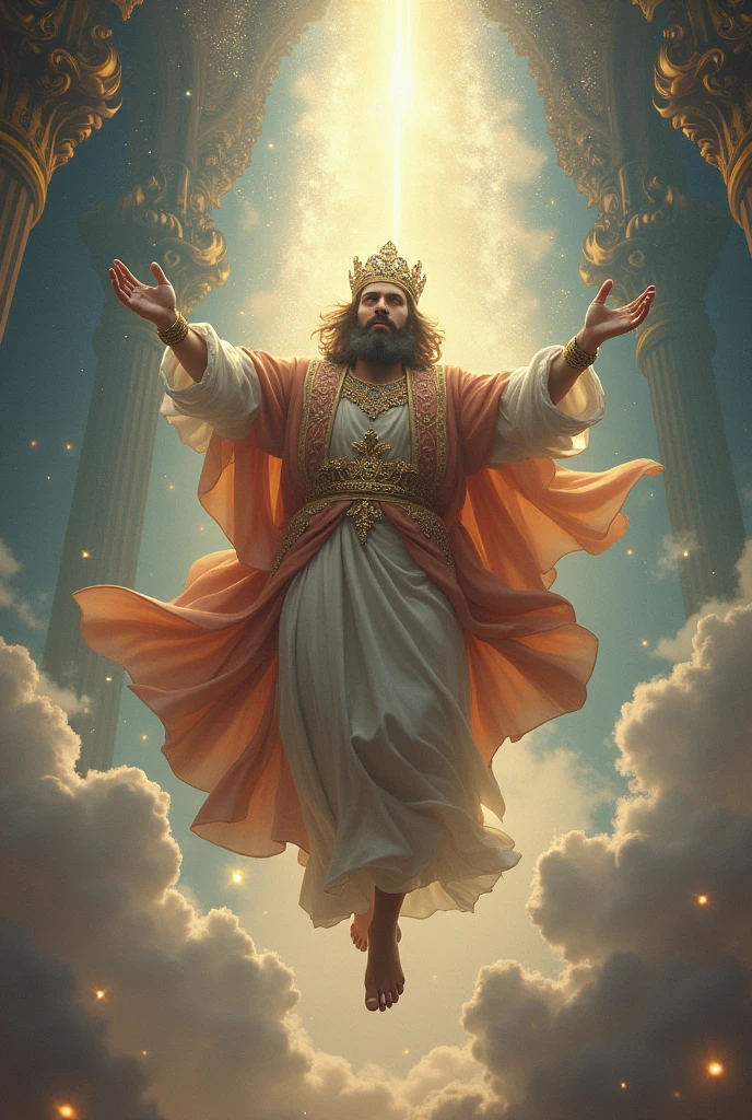 Create a eye-catching image of prophet Solomon fly by his throne.