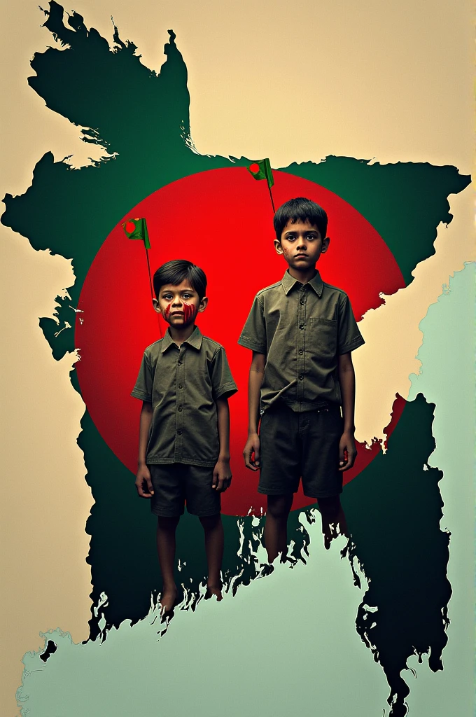 সবুজ মানচিত্র বাংলাদেশের , মাঝে লাল বৃত্ত, বৃত্তের মধ্যে একটা যুবক ছেলে আর একটা ছোট ছেলের , মাথায় পতাকা বাধা,তাদের মাথা দিয়ে রক্ত পড়ছে,