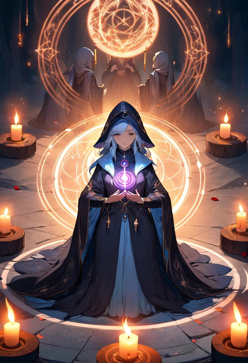 Sorceress in front of a summoning circle performing ritual. Candles