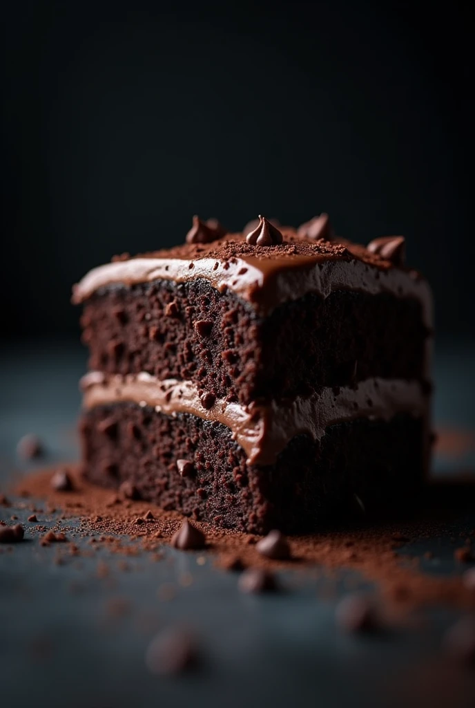 cinematic film still chocolate, chocolate cake, dark background, quality photo, moist texture, frosting, studio photo, slice . shallow depth of field, vignette, highly detailed, high budget, bokeh, cinemascope, moody, epic, gorgeous, film grain, grainy