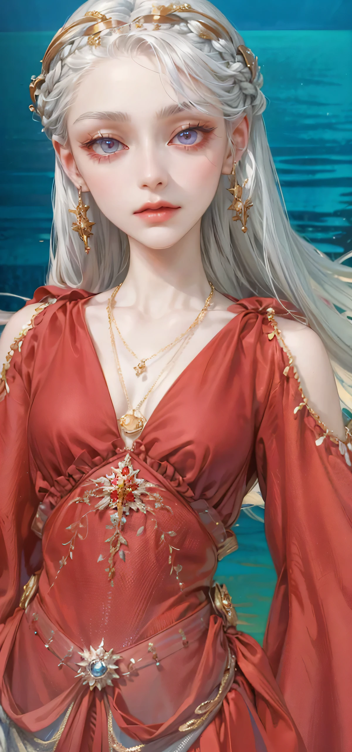 (masterpiece, top quality, best quality, official art, enchanting and aesthetic:1.2), 1female, white silver hair, royal braided hair, violet eyes, white and red dress, red and gold jewelry, high quality details, 4k eyes, white hair, silver white hair, long hair, siren eyes, cold expression