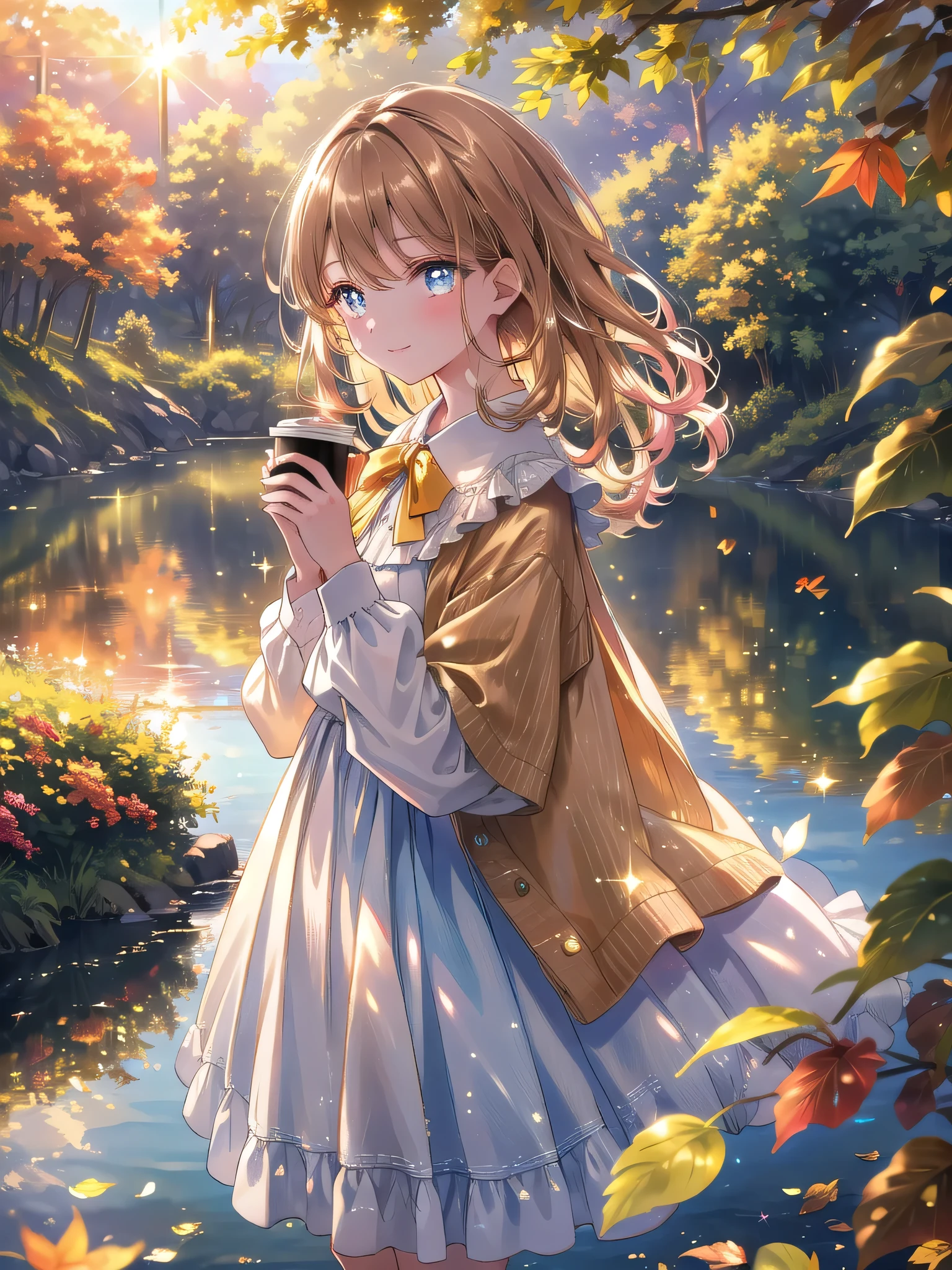 ((8k, Highest quality, masterpiece: 1.3)),Ultra-high resolution,(1 girl, alone), (Color changing eyes, Ultra-detailed, Expressive brilliance, Glitter, Glowing Eyes), Highly detailed eyes, Highly detailed face, Random Hair, ((pastel colour))A charming woman with light brown hair, wearing a white, long-sleeved blouse and high-waisted denim shorts, walks along a riverbank. The leaves on the nearby trees are starting to turn orange, and the morning sun casts a warm, golden glow. She holds a small cup of coffee in one hand and looks over her shoulder at the camera with a gentle smile, her eyes reflecting the peacefulness of the scene.