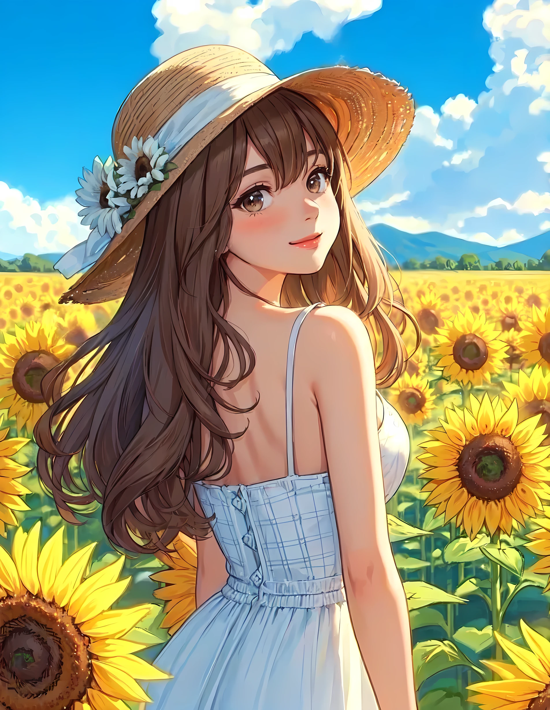 1lady solo, (looking back) (from behind), stylish outfit (refreshing attire), (sundress) (straw hat), (mature female:0.8), /(brown hair/) bangs, blush kind smile, (masterpiece best quality:1.2) delicate illustration ultra-detailed, large breasts BREAK (vibrant sunflower field) outdoors, blue sky, sunlight, detailed background