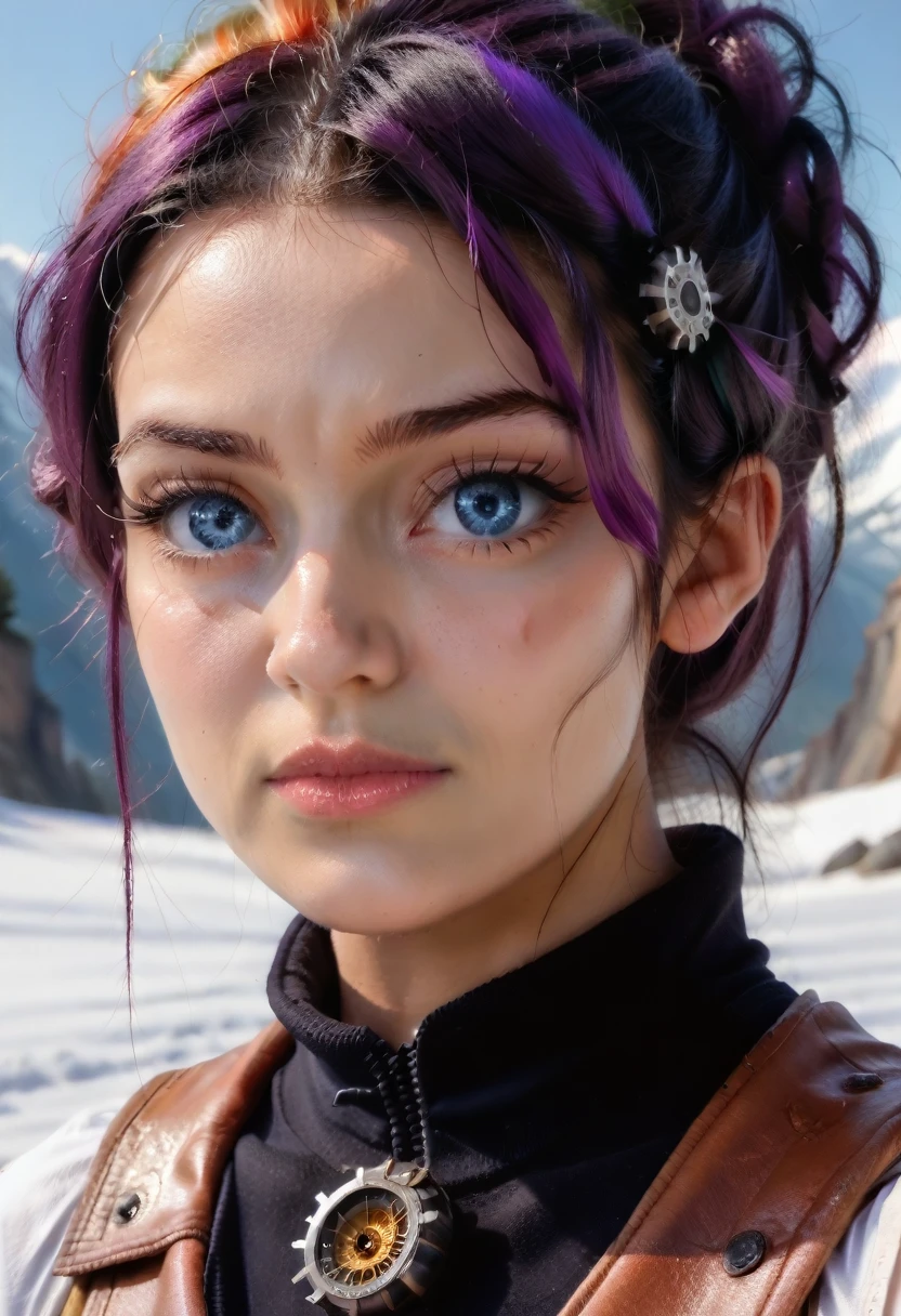 (photo_(medium):1.2), by Antonio J. Manzanedo, by Jeremy Lipking, 1girl, looking at the camera, (facing the viewer:1.1), (photorealistic:1.2), hyperrealistic, photorealism, close-up, head and shoulders, purple hair with rainbow streaks, short hair, ponytail, bangs, blue eyes, friendly, eyelashes, steampunk, sleeveless, subsurface skin scattering, snowy mountain background, symmetry, depth of field, 8k, vfx, hdr, rtx