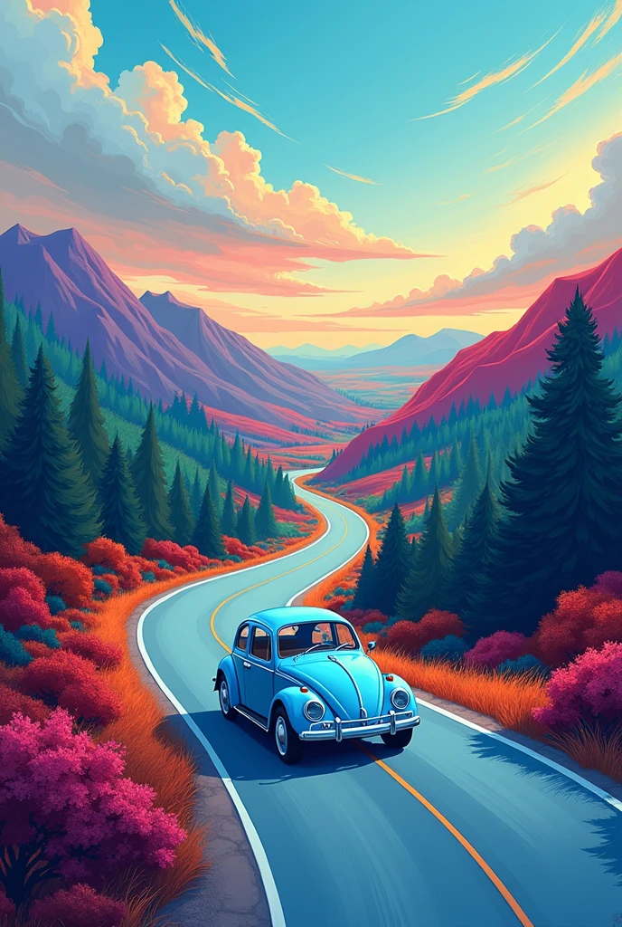 (illustration) 2D, The illustration is captured from a high vantage point, showcasing a beautiful vertical landscape with vibrant and intense colors. The road that winds up the forest and then gracefully disappears into the horizon, cutting through wide open fields. The sky above is a captivating mix of blue, orange, red, pink, and white, with wispy clouds that gently float across the scenery. On the road's surface, there's barely any sign of movement, adding to the serene and natural beauty of the landscape. The light blue classic VW Beetle stands in front view out against the quietness of the surroundings, creating a focal point in the scene. Its contours and details are clearly drawn, emphasizing its modern and comfortable design. The background is a mix of green, red, orange and purple hills, with blue and psychedelic tones, creating a fantasy atmosphere. The road's surface has a light blue texture, adding to the overall aesthetic quality of the image.
