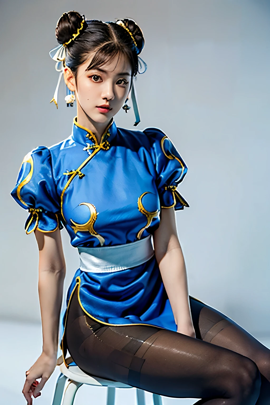 (Chun-Li from Street Fight II:1.2,perfect chun li costume:1.2,Blue cheongsam with gold lines:1.2,Bun head:1.2,bun cover:1.2,sexy pose:1.2,masterpiece:1.2、1 beautiful girl:1.2、fine eyes:1.2、puffy eyes:1.2、highest quality:1.2, 超High resolution:1.2, (reality: 1.4), movie lighting:1.2、Japanese:1.2、asian beauty:1.2、Korean:1.2、super beautiful:1.2、beautiful skin:1.2、body facing forward:1.2、(Full body:1.2,sitting:1.2,chair:1.2,legs togehter:1.2)、(超reality的な:1.2)、(High resolution:1.2)、(8k:1.2)、(very detailed:1.2)、(美しくfine eyes:1.2)、(Super detailed:1.2)、 (simple background:1.2)、detailed face:1.2、bright lighting:1.2、professional lighting:1.2、looking at the viewer:1.2、look straight ahead:1.2、slanted bangs:1.2、Nogizaka Idol:1.2、korean idol:1.2、masterpiece:1.2, highest quality:1.2, masterpiece:1.2, highest quality:1.2, perfect face:1.2, perfect brown eyes with white sclera:1.2, bad move-5:1.2, alone:1.2, 1 girl:1.2, brown hair:1.2, From SF2:1.2, Chinese service:1.2, muscular woman:1.2, blue clothes:1.2, pantyhose:1.2, pelvic curtain:1.2, Puffy short sleeves:1.2, Good cover:1.2, sash:1.2,beautiful calves:1.2,white boots:1.2),