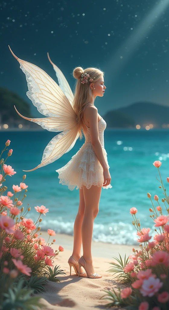 Little fairy standing on the seashore,Wear hair accessories,Lace floral dress,High heel,charming,sweet and cute,soft skin,The facial features are realistic and delicate,The beach is full of flowers,starry night,Dreamy scene photography,8K ultra-high-definition picture quality,Real photography