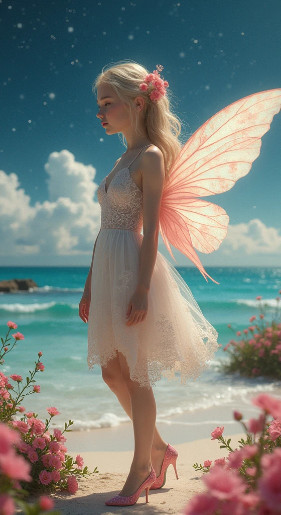  fairy standing on the seashore，Wear hair accessories，Lace floral dress，High heel，charming，sweet and cute，soft skin，The facial features are realistic and delicate，The beach is full of flowers，starry night，Dreamy scene photography，8K ultra-high-definition picture quality，Real photography