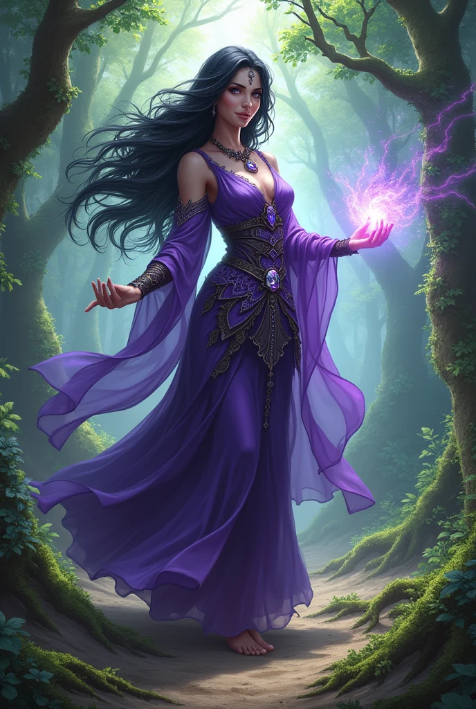 create a sorceress elf with black wavy hair, who has an amulet and wears purple accessories, that has dunes on its body and lilac eyes, at a forest, with a long dress in a fight