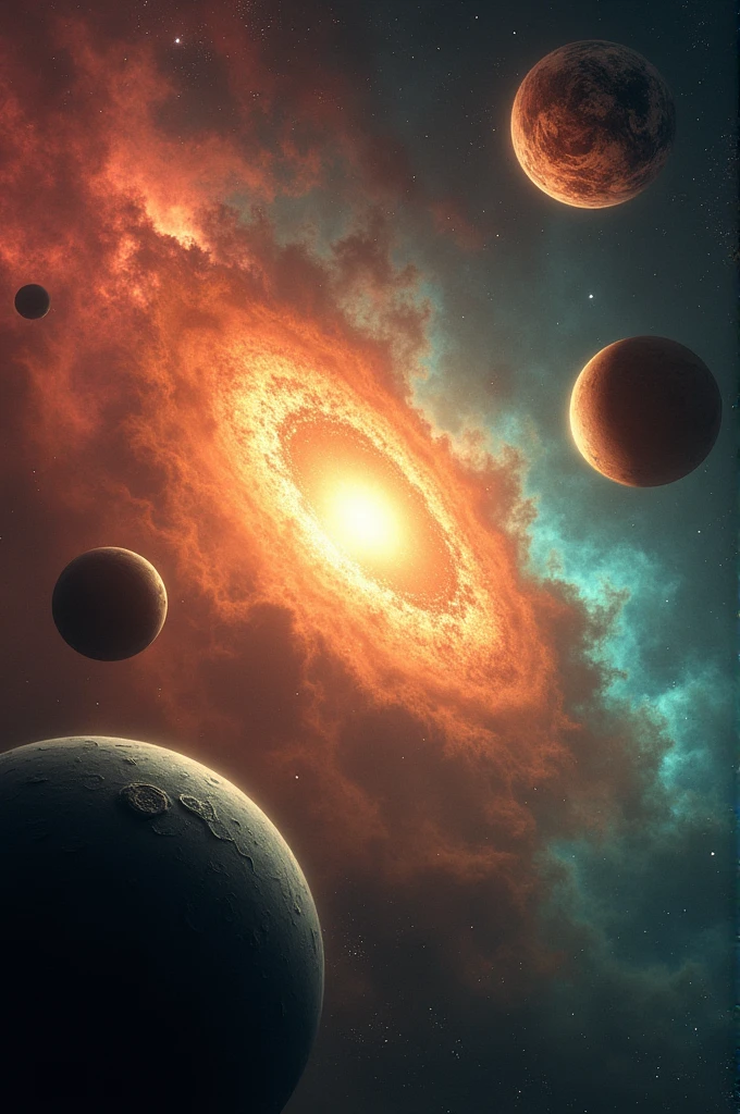 Generates an image of space, with 5 planets and a young sun, that in the background you can see a tricolor nebula