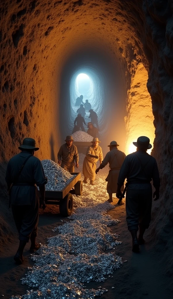 A scene from a 16th century silver mine in Zacatecas, with miners working in dark and narrow tunnels, illuminated by torches. Carts full of mined silver are pushed to the surface, where Spanish supervisors control the operation. The atmosphere is one of intense activity, Showing the hard work that underpinned the global economy,