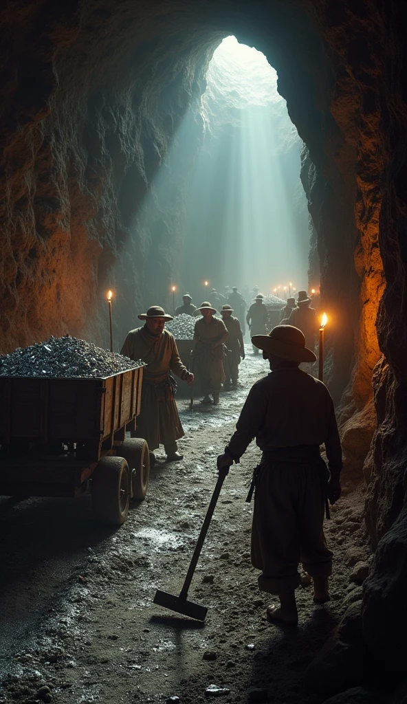 A scene from a 16th century silver mine in Zacatecas, with miners working in dark and narrow tunnels, illuminated by torches. Carts full of mined silver are pushed to the surface, where Spanish supervisors control the operation. The atmosphere is one of intense activity, Showing the hard work that underpinned the global economy,