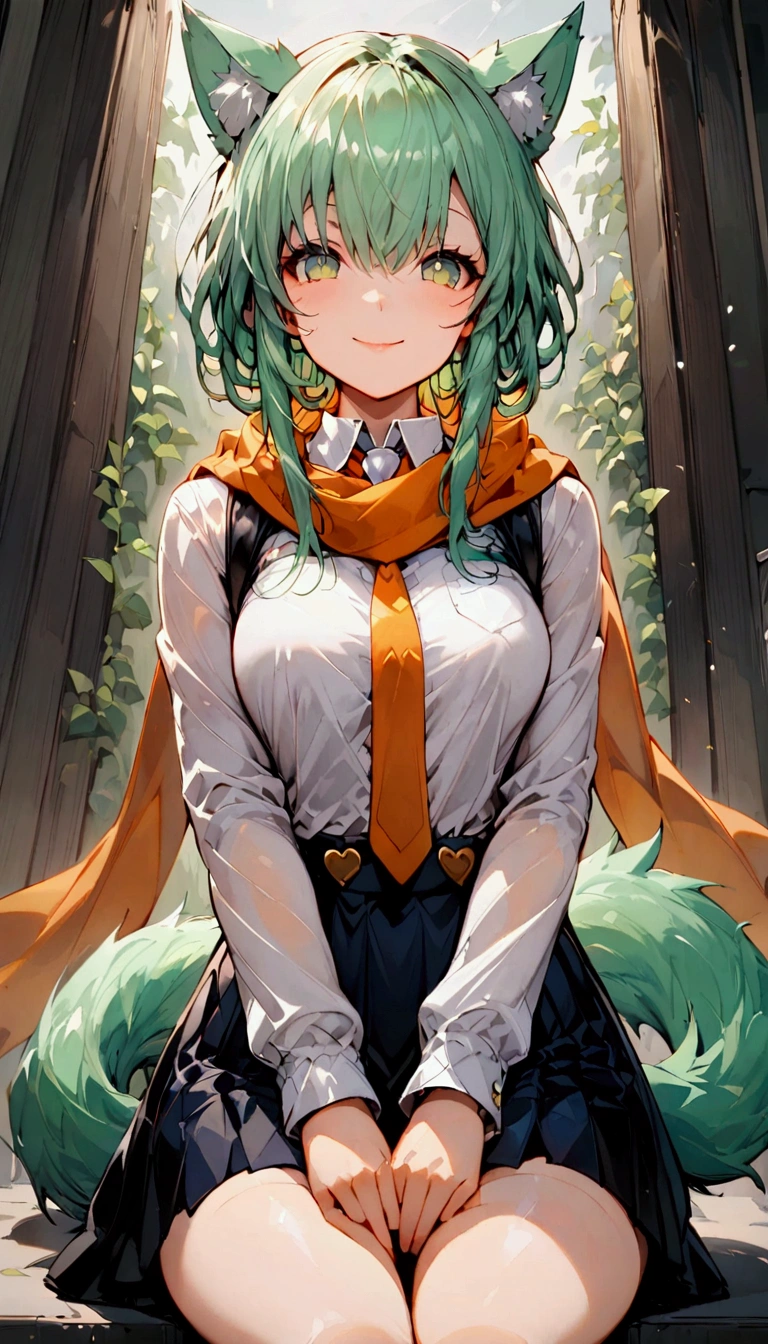 A 1 high school girl with mint green short hair and adorable mint green wolf ears. She has large, heart-shaped green eyes that radiate friendliness and cuteness. Dressed in a school uniform, she wears a crisp white shirt and dark blue shorts, complemented by an orange scarf and matching orange necktie. Her mint green wolf tail adds a whimsical touch to her appearance. Her friendly expression reflects her disciplined nature, showcasing her positive attitude and vibrant personality."