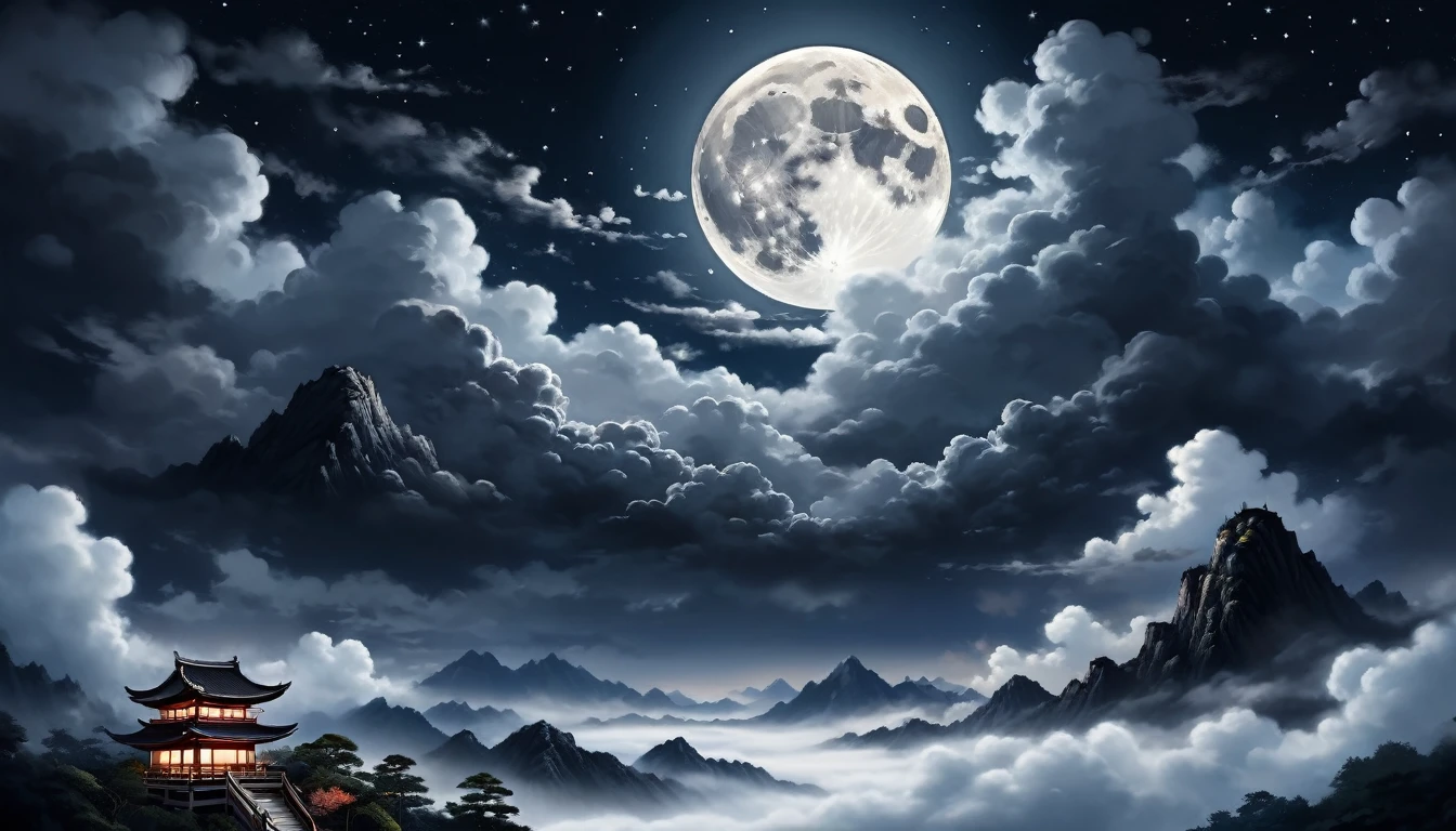 Featured Painting-Style Artworks, Highest quality, Super Fine, 16K, Incredibly absurd, Very detailed, delicate, , Moonlit Night, Create an illustration with a serene night sky featuring a bright full moon and black clouds. The clouds should have a traditional Japanese or Chinese style, with intricate patterns and curves. The scene should capture the moment when the clouds are parting, revealing more of the moon and stars, symbolizing the clouds clearing away. The overall atmosphere should be calm and mystical, with the clouds appearing to slowly dissipate. No one exists.