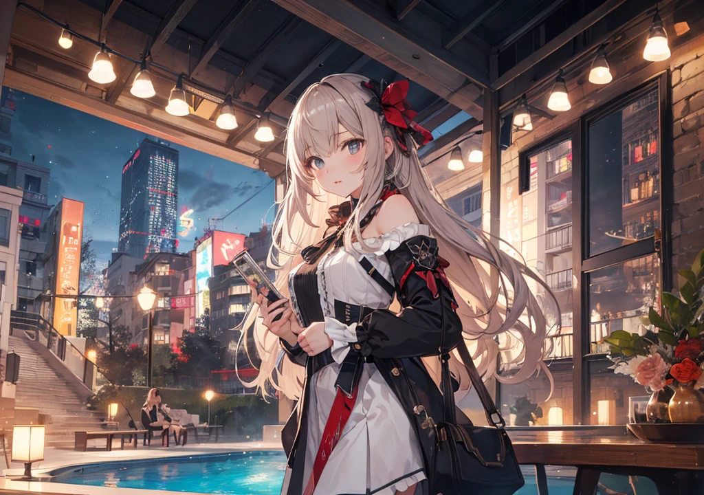Realistic photos, Focus distance 10mm, Red and white, Beautiful girl, Realistic photos, Shooting at focus distance 10mm, masterpiece, 最high quality, high quality, Very detailed CG 8k wallpaper unit, Award-winning photography, Depth of written boundary, High resolution, bloom, chromatic aberration, Realistic, Very detailed, Art Station Trends, CGsociety Trends, Complex, High detail, dramatic, Art on the go, volumetric lighting, A scene of beautiful girls enjoying cocktails in Disney Princess style by a luxurious pool in Ibiza