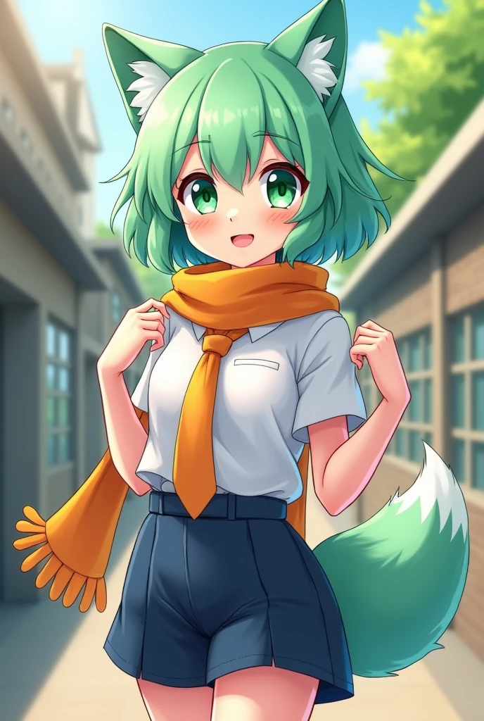 A 1 high school girl with mint green short hair and adorable mint green wolf ears. She has large, heart-shaped green eyes that radiate friendliness and cuteness. Dressed in a school uniform, she wears a crisp white shirt and dark blue shorts, complemented by an orange scarf and matching orange necktie. Her mint green wolf tail adds a whimsical touch to her appearance. Her friendly expression reflects her disciplined nature, showcasing her positive attitude and vibrant personality."
