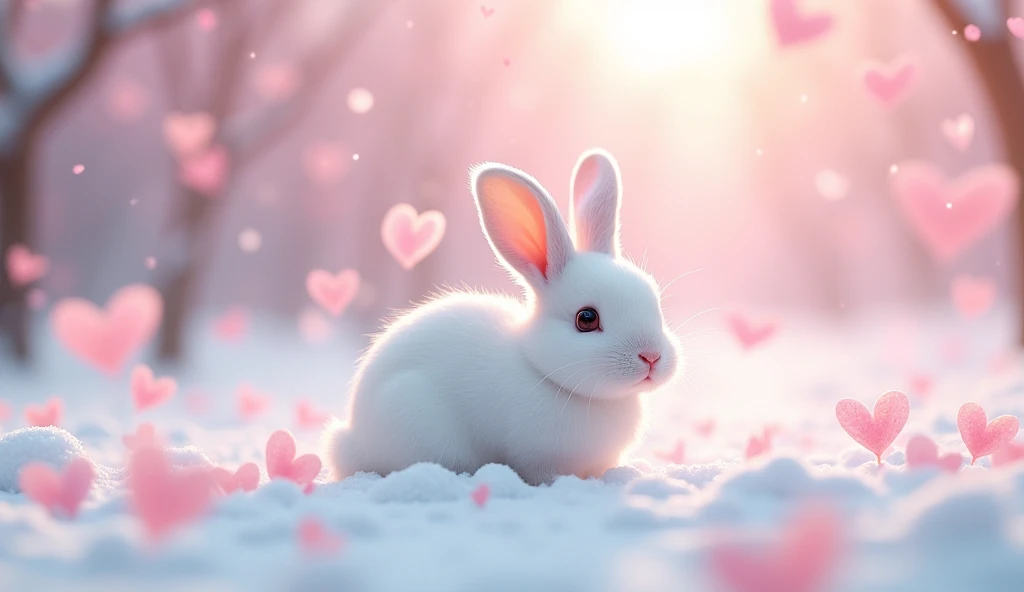 Ultra-realism、masterpiece、Highest quality、Film Grain、Spectacular views、Petals fluttering、Pink heart shaped petals:1.5、ハートの形の桜のPetals fluttering:1.5、桃色のSnow Scene、The rabbit is small in size、Little white rabbit、Snow rabbit turns around and looks at the viewer、Frigid winter、Snow Scene、Cherry blossom blizzard、