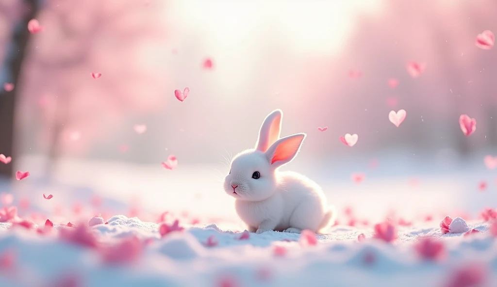 Ultra-realism、masterpiece、Highest quality、Film Grain、Spectacular views、Petals fluttering、Pink heart shaped petals:1.5、ハートの形の桜のPetals fluttering:1.5、桃色のSnow Scene、The rabbit is small in size、Little white rabbit、Snow rabbit turns around and looks at the viewer、Frigid winter、Snow Scene、Cherry blossom blizzard、