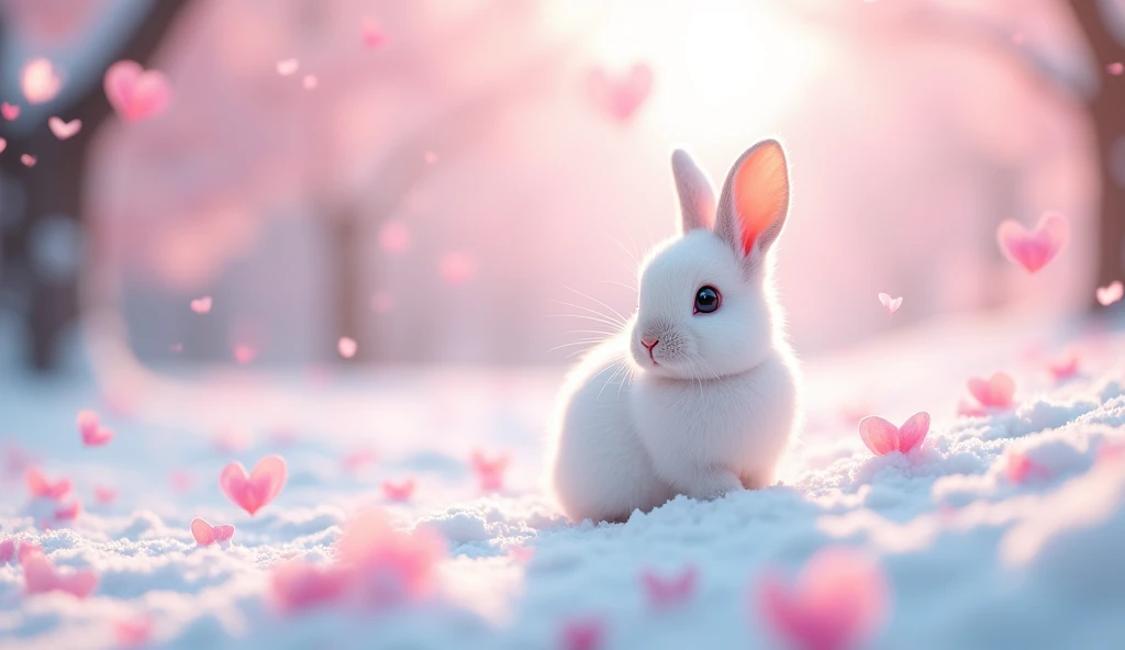 Ultra-realism、masterpiece、Highest quality、Film Grain、Spectacular views、Petals fluttering、Pink heart shaped petals:1.5、ハートの形の桜のPetals fluttering:1.5、桃色のSnow Scene、The rabbit is small in size、Little white rabbit、Snow rabbit turns around and looks at the viewer、Frigid winter、Snow Scene、Cherry blossom blizzard、