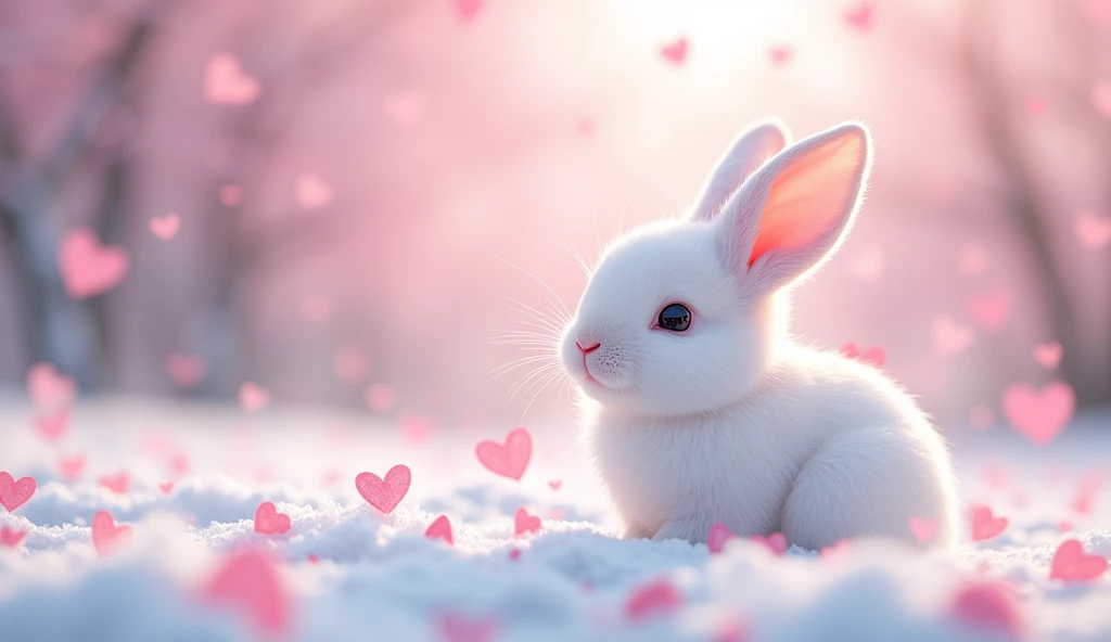 Ultra-realism、masterpiece、Highest quality、Film Grain、Spectacular views、Petals fluttering、Pink heart shaped petals:1.5、ハートの形の桜のPetals fluttering:1.5、桃色のSnow Scene、The rabbit is small in size、Little white rabbit、Snow rabbit turns around and looks at the viewer、Frigid winter、Snow Scene、Cherry blossom blizzard、