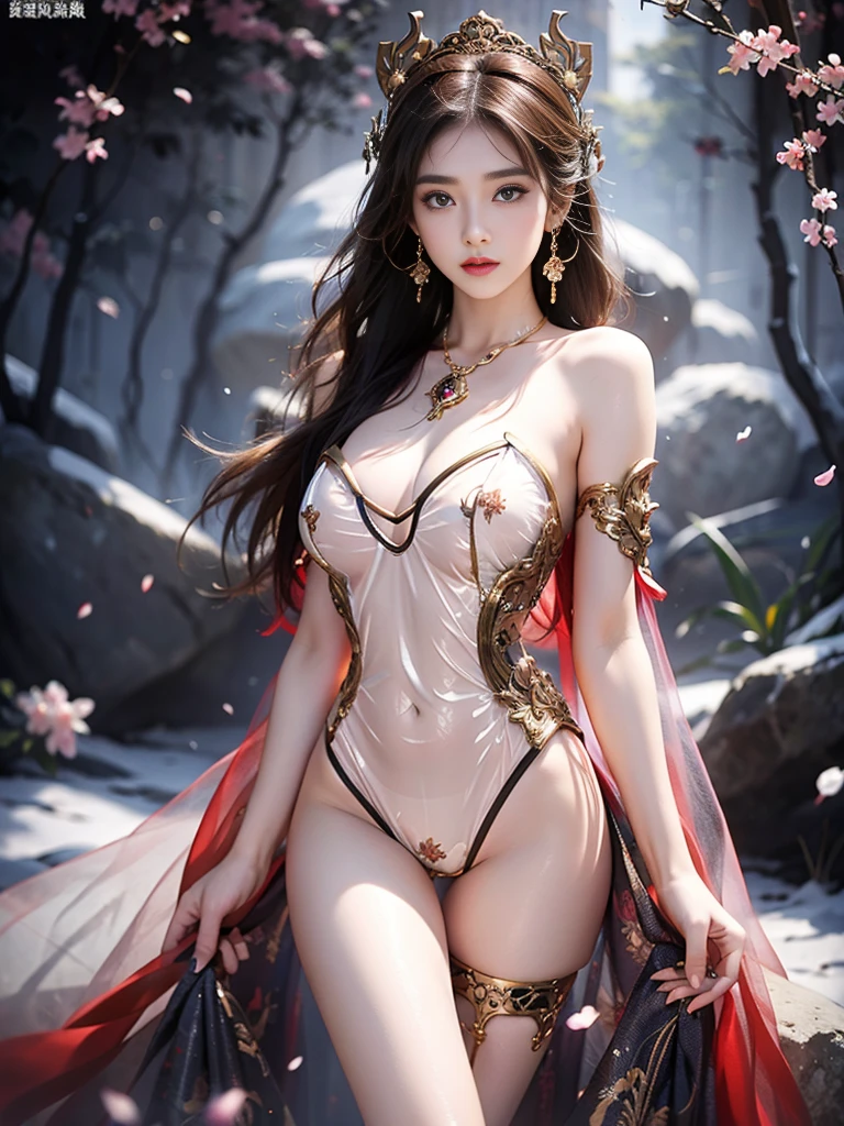 ((night, bamboo forest, Fall)), ((8K Ultra HD, 8K, Ultra-high resolution, best quality, masterpiece, Surrealism, Digital SLR Camera, Soft Light, Bokeh, Studio Lighting, Super Fine, Clear focus. Masterpieces)), ((Creating the image of a real girl), warm light, Realistic shadows, Dynamic poses, Elegant Posture, Cowboy lens, Full body front view, Be confident, Facing the camera, Standing posture, Open your legs slightly, Golden Ratio Graphics, Minimalism), (Smiling happily at the camera, Big watery eyes, Cherry Blossom, Balanced Eyes, Perfect beautiful face, Normal facial features, Realistic skin, Attention to skin details, Skin is clean and radiant, Whitening, Anatomically correct body, 沙漏型figure, figure, cosmetic, Gloves, earrings, bracelet, necklace, Jewelry, veil, Hair accessories, Headdress, shawl), ((beautiful hair), Reddish-brown hair, Wavy curly hairstyle, Waist-length hair, Messy Hairstyle, Gradient hairstyles, Cyberpunk hairstyle), ((Transparent clothes：1.5), (Color of clothes: Red and white), Transparent ultra-modern sci-fi clothes), (Sexy的, Perfect breast shape, Teardrop chest shape, Snow-white breasts, very detailed breasts, 36B cups), (Super high waist, Deep V, Low-cut, Sexy, Flattering, Open crotch, (Camel toe, High fork strangulation)), (sock, Knee socks, 吊garter, Leg ring, garter, 腿部garter), (style:Sexy,Mature), A woman, Normal limbs, 