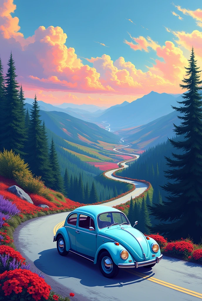 (illustration) 2D, The illustration is captured from a high vantage point, showcasing a beautiful vertical landscape with vibrant and intense colors. The road that winds up the forest and then gracefully disappears into the horizon, cutting through wide open fields. The sky above is a captivating mix of blue, orange, red, pink, and white, with wispy clouds that gently float across the scenery. On the road's surface, there's barely any sign of movement, adding to the serene and natural beauty of the landscape. The light blue classic VW Beetle stands in front view out against the quietness of the surroundings, creating a focal point in the scene. Its contours and details are clearly drawn, emphasizing its modern and comfortable design. The background is a mix of green, red, orange and purple hills, with blue and psychedelic tones, creating a fantasy atmosphere. The road's surface has a light blue texture, adding to the overall aesthetic quality of the image.