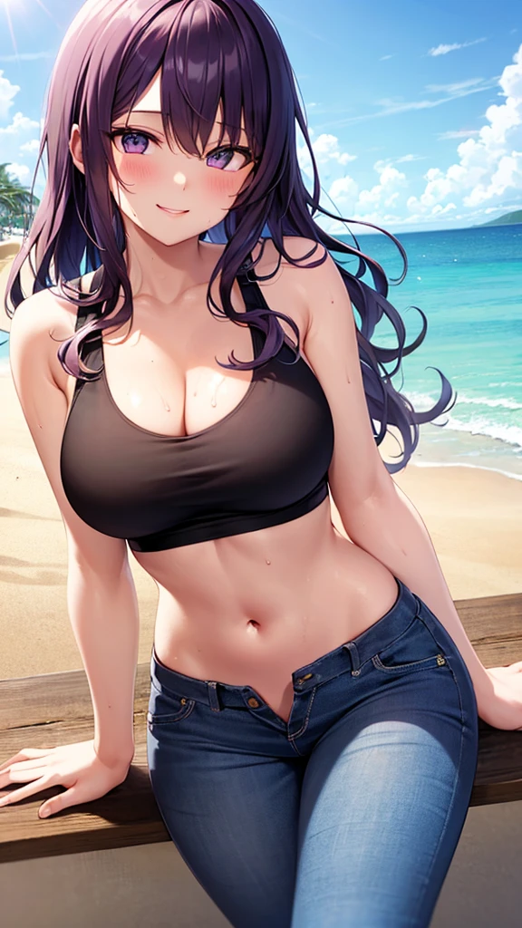 masterpiece, best quality, high detail, beautiful woman, solo focus, long wavy hair, purple hair, large bust, (pink tank top), (black maxi pencil skirt), tight denim skirt, purple, midriff, navel, wide hips, looking at viewer, lower body, full-face blush, smile, beach, summer, cloudy sky, sun, sweaty, very sweaty, ocean waves,