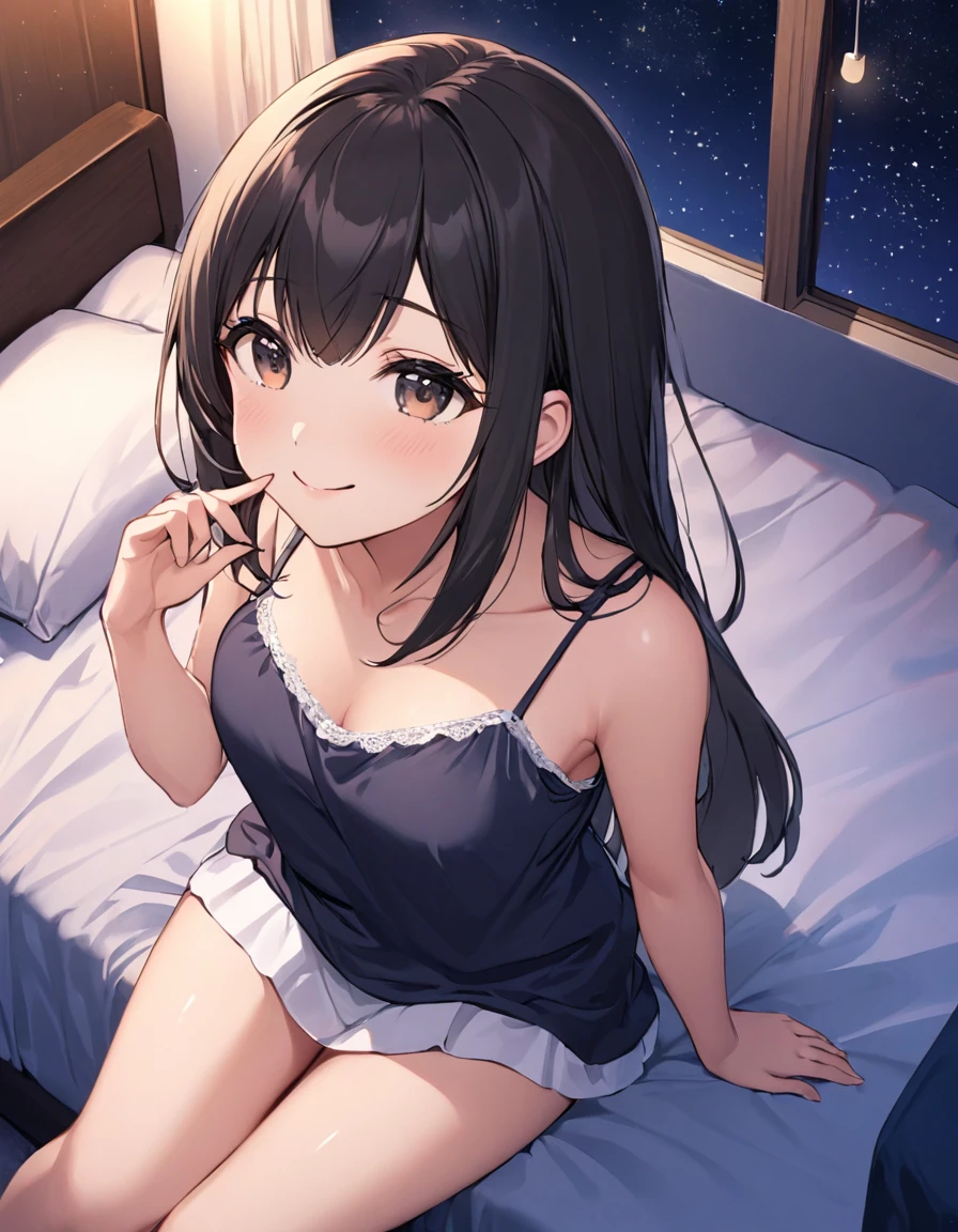 girl, cute, lovely, from above, from chest to head, looking up at here, smile, shy, straight hair, long hair, black hair, sitting like a girl, bedroom, night, starry sky, camisole, blowing a kiss