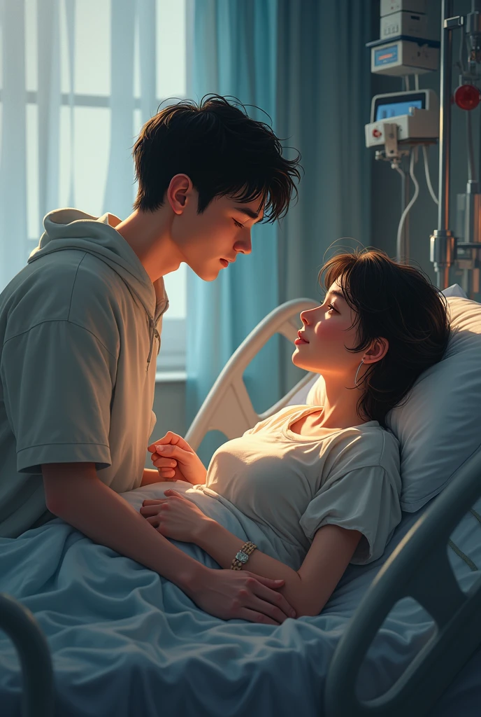 The brother sitting on the edge of the hospital bed, holding his sister's hand. She is looking up at him with a weak but loving smile, and he is reassuring her with his words, his expression tender.