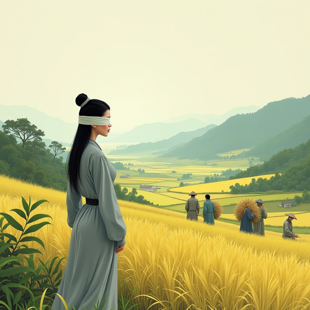 In ancient China, during the Tang Dynasty, a woman wearing a gray dress with a thin white cloth covering her eyes looked at the fields where farmers were harvesting rice. Farmers were carrying the harvested rice on their backs and walking back to the village.