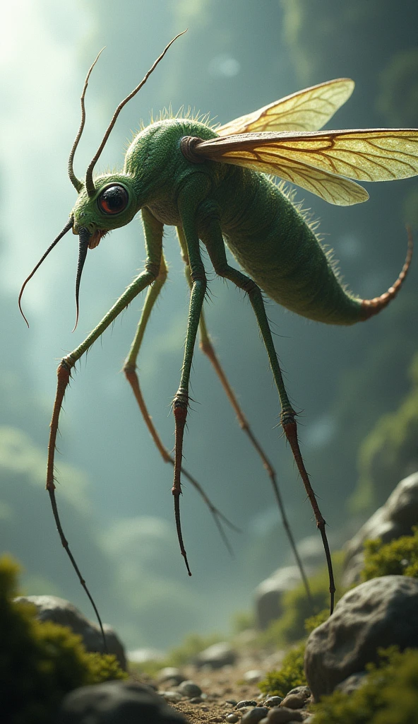 A mosquito with frog legs, snake head and donkey tail.