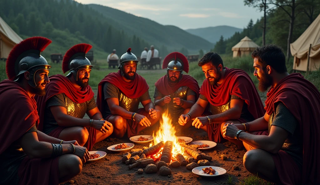 Roman soldiers eating roast pork